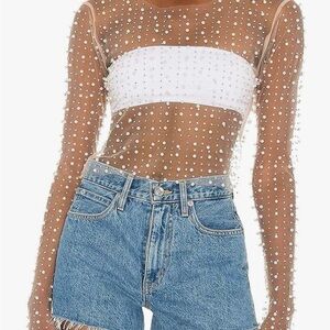 Sheer pearl + rhinestone overlay top